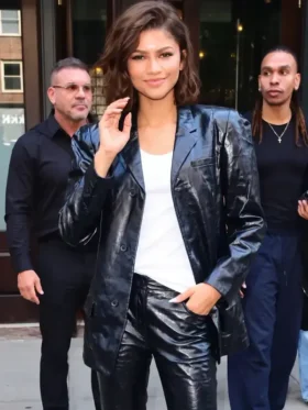 Front view of The Odyssey Press Tour Zendaya Leather Blazer featuring clean front detailing, premium leather, and a tailored fit