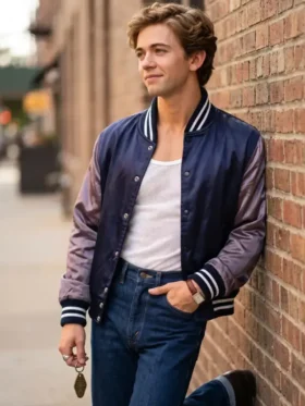 Front look of The Shards Igby Rigney Varsity Jacket featuring a classic button closure, ribbed collar, and premium varsity styling