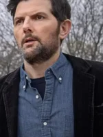 Close-up view of The Whisper Man Adam Scott Corduroy Blazer highlighting corduroy texture, stitching, lapels, and front detailing