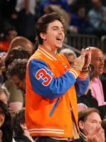 Timothée Chalamet Blue and Orange Chrome Hearts Varsity Jacket