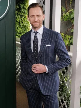 Front view of Tom Hiddleston Wimbledon 2026 Suit featuring structured tailoring, clean lapels, and a refined silhouette