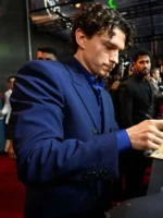 Close-up of Tom Holland The Odyssey Premiere Blazer highlighting its fabric texture, lapel shape, stitching, and tailored finish
