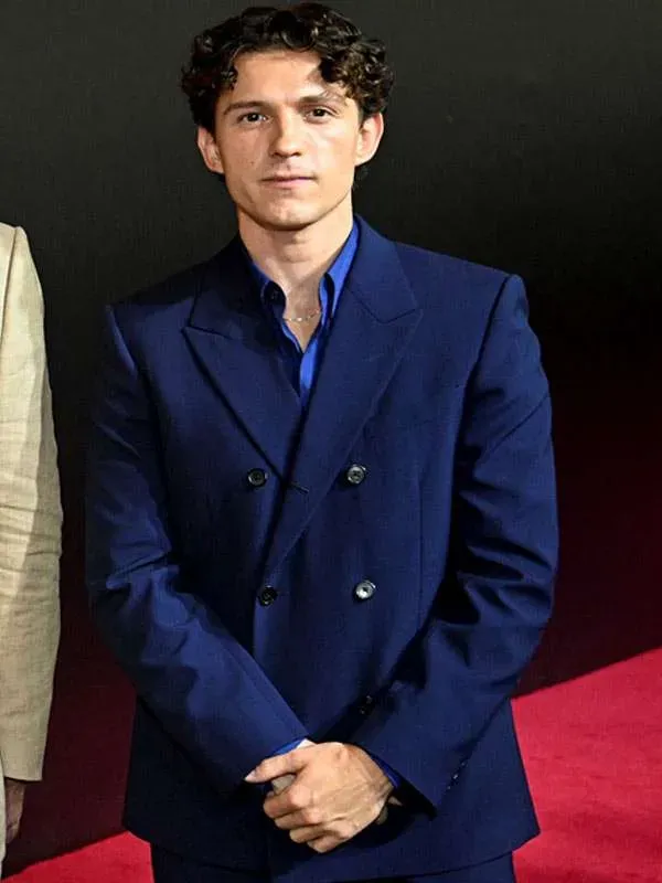 Front view of Tom Holland The Odyssey Premiere Blazer featuring clean lapels, a structured fit, and elegant formal detailing