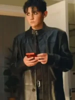 Trying S05 Tyler Black Leather Coat Close-Up View