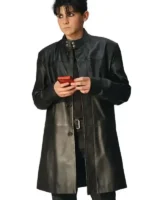 Trying S05 Tyler Black Leather Coat Front View