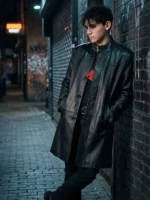 Trying S05 Tyler Black Leather Coat Side View