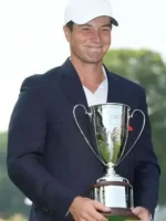 Close-up of Viktor Hovland 2026 Navy Blue Blazer highlighting premium fabric texture, stitching, and tailored details