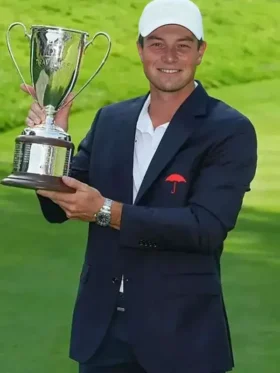 Front view of Viktor Hovland 2026 Navy Blue Blazer featuring a tailored fit and classic navy formal styling