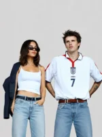 Couple view of World Cup 2026 Cruz Beckham England Shirt featuring matching England football inspired supporter style