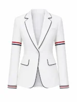 Front look of World Cup Jennifer Hudson Thom Browne Blazer featuring a tailored fit, smart lapels, and sophisticated styling