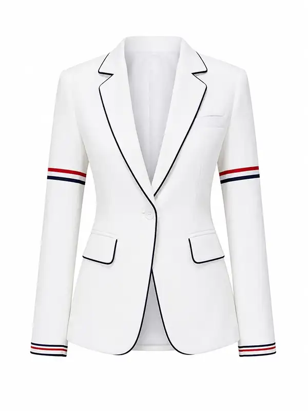 Front look of World Cup Jennifer Hudson Thom Browne Blazer featuring a tailored fit, smart lapels, and sophisticated styling