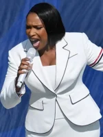 Front view of World Cup Jennifer Hudson Thom Browne Blazer featuring structured lapels, clean tailoring, and refined detailing