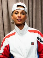 Close-up of Yankee Stadium Alicia Keys Track Jacket highlighting premium fabric texture, stitching, and quality craftsmanship