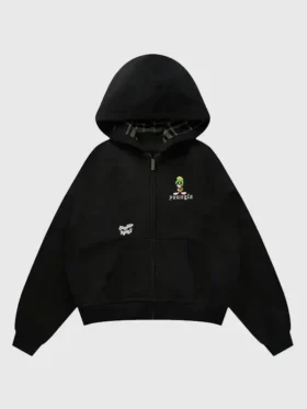 Front view of YoungLA x Looney Tunes Plaid Zip-Up Hoodie in black featuring plaid styling and zip-up closure