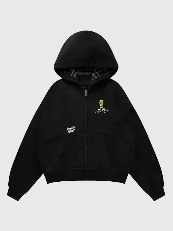 YoungLA x Looney Tunes Plaid Zip-Up Hoodie In Black Front View Front view of YoungLA x Looney Tunes Plaid Zip-Up Hoodie in black featuring plaid styling and zip-up closure