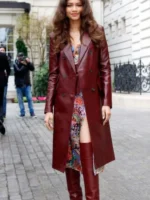 Front look of Zendaya Burgundy Leather Trench Coat featuring a structured fit, elegant lapels, and a deep burgundy finish