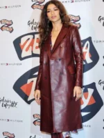 Zendaya Burgundy Leather Trench Coat featuring a sleek longline fit, deep burgundy color, and refined fashion-forward details