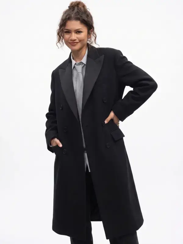 Zendaya Long Black Wool Coat Front Look Front look of Zendaya Long Black Wool Coat showcasing premium wool fabric, refined tailoring, and an elegant fit