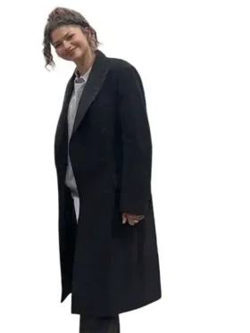 Side view of Zendaya Long Black Wool Coat featuring a streamlined profile, premium wool fabric, and tailored construction