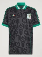 adidas x Someone Somewhere Mexico jersey front view with black carbon print, green V-neck collar and embroidered crest