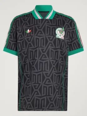 adidas x Someone Somewhere Mexico jersey front view with black carbon print, green V-neck collar and embroidered crest