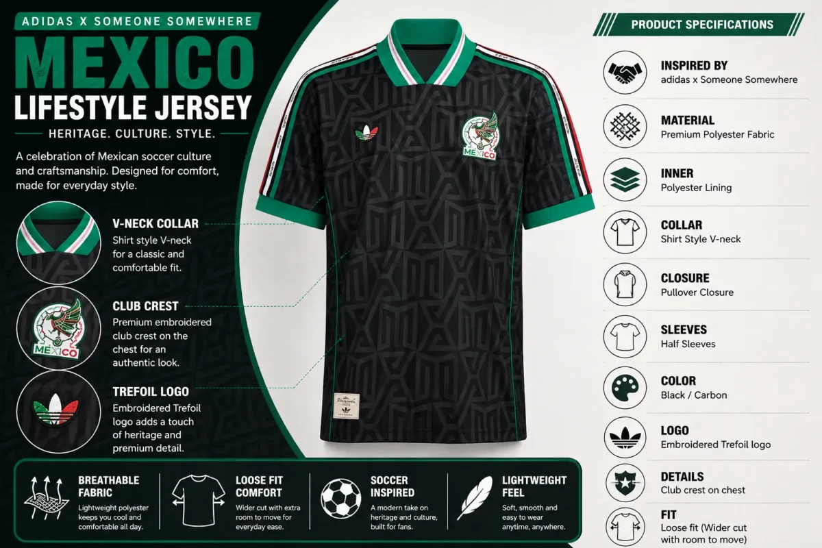 adidas x Someone Somewhere Mexico jersey infographic with black carbon fabric, V-neck collar, loose fit, crest and Trefoil logo