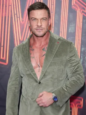 Front worn view of the Alan Ritchson olive corduroy suit with notch lapels, button closure, and chest pocket.