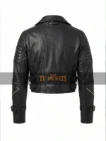 Back view of Ashley Roberts black leather jacket showing quilted shoulder panels
