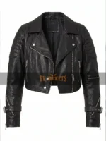 Front view of Ashley Roberts black leather jacket with lapel collar and YKK zipper
