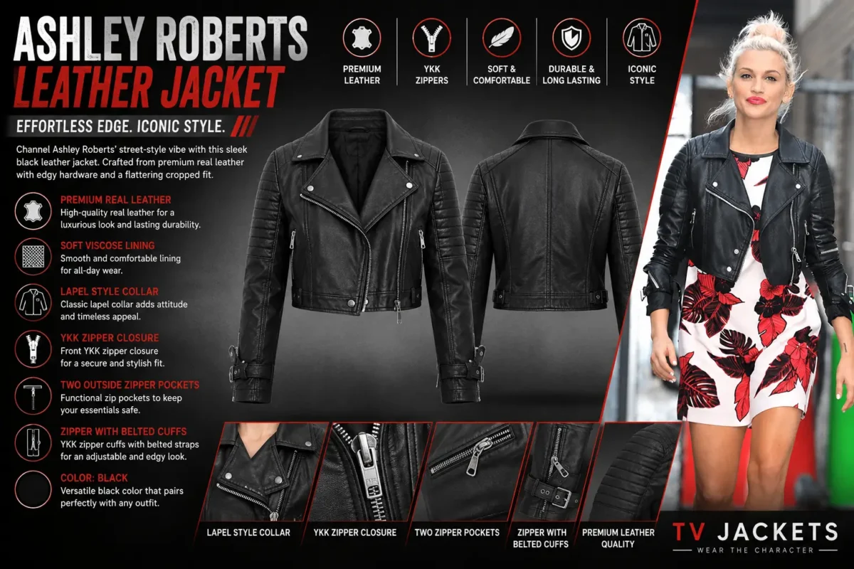Ashley Roberts leather jacket infographic showing lapel collar, YKK zipper closure and belted cuffs at TV Jackets