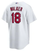 Back view of the white Jordan Walker Cardinals jersey featuring the Walker name and red number 18.