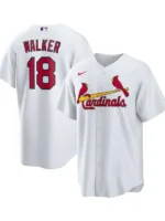 Front and back views of the white Jordan Walker Cardinals jersey with team graphics, Walker name, and number 18.