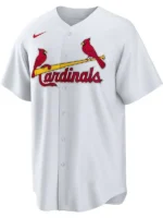 Front view of the white Jordan Walker Cardinals jersey with red bird graphics, V-neck, and buttoned closure.