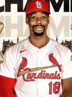 Baseball player wearing the white Jordan Walker St. Louis Cardinals jersey with red team graphics and number 18.