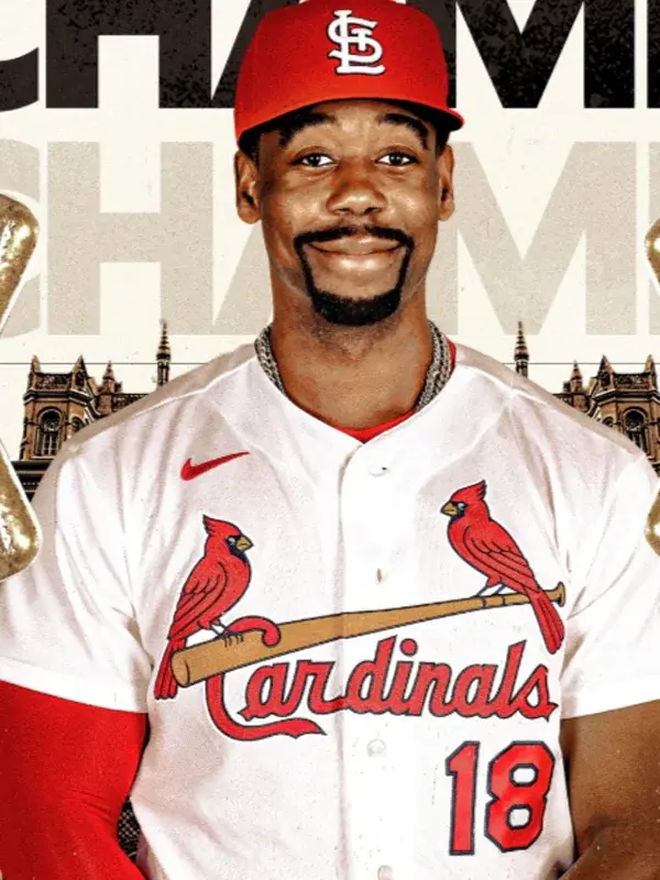 Jordan Walker St. Louis Cardinals Jersey Worn Look Baseball player wearing the white Jordan Walker St. Louis Cardinals jersey with red team graphics and number 18.