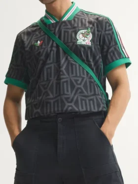 Mexico lifestyle embroidered jersey styled front view with black carbon fabric, green trims, loose fit and chest crest