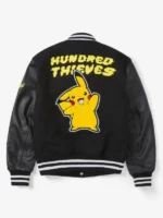 Back view of the black Pikachu Golden Bear varsity jacket with a large yellow character patch and Hundred Thieves lettering.