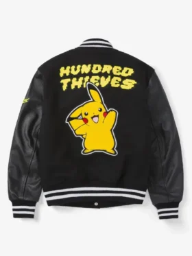 Back view of the black Pikachu Golden Bear varsity jacket with a large yellow character patch and Hundred Thieves lettering.