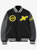 Front view of the black Pikachu Golden Bear varsity jacket with yellow chest patches and leather sleeves.