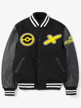 Front view of the black Pikachu Golden Bear varsity jacket with yellow chest patches and leather sleeves.