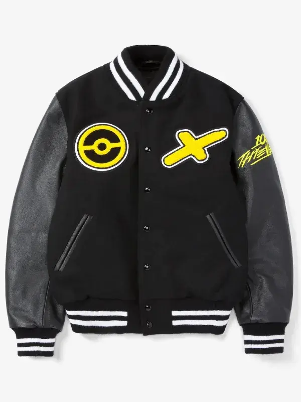 Pikachu Golden Bear Varsity Jacket Front View Front view of the black Pikachu Golden Bear varsity jacket with yellow chest patches and leather sleeves.