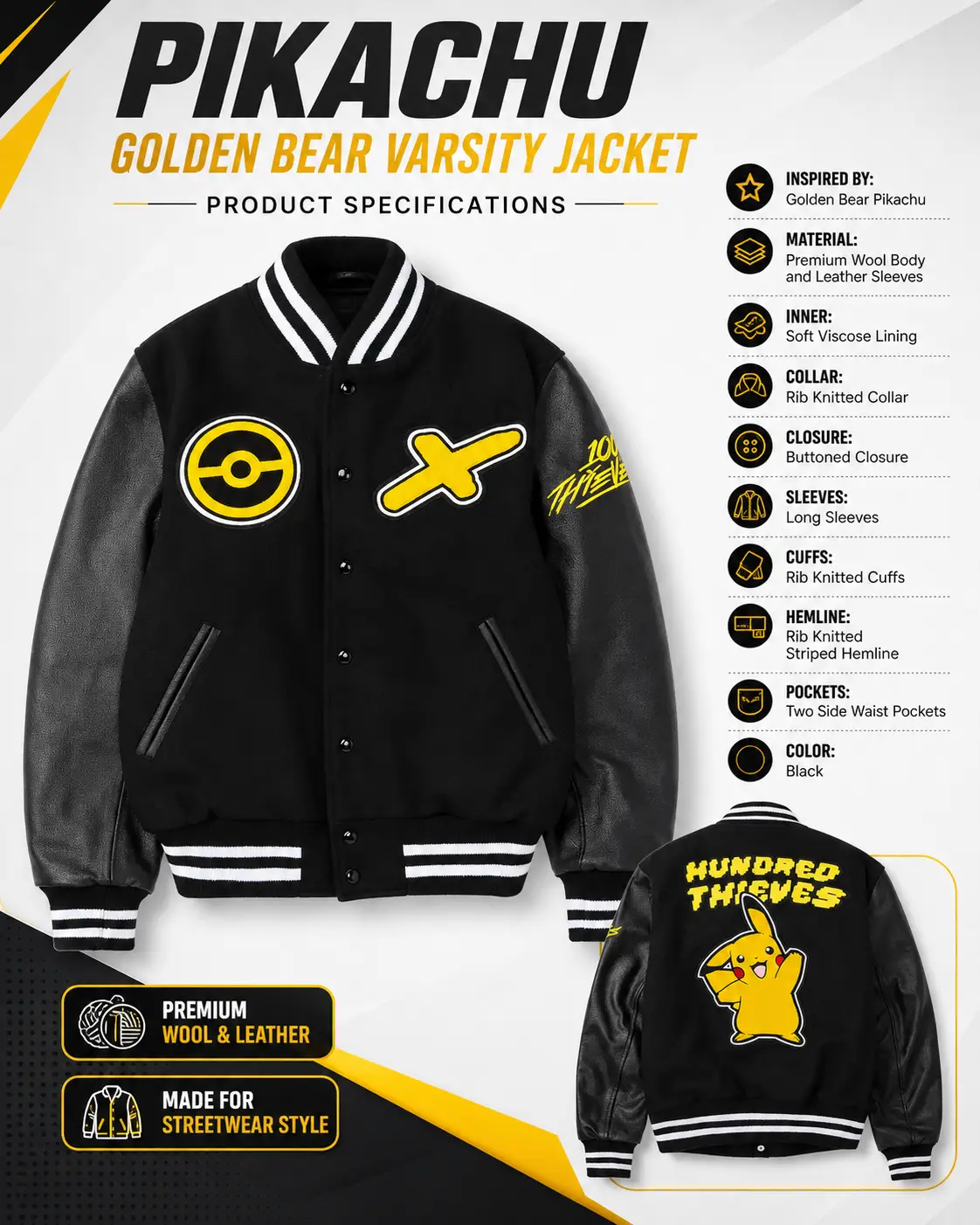 Pikachu Golden Bear varsity jacket infographic showing front and back views with wool, leather, lining, and rib-knit details.