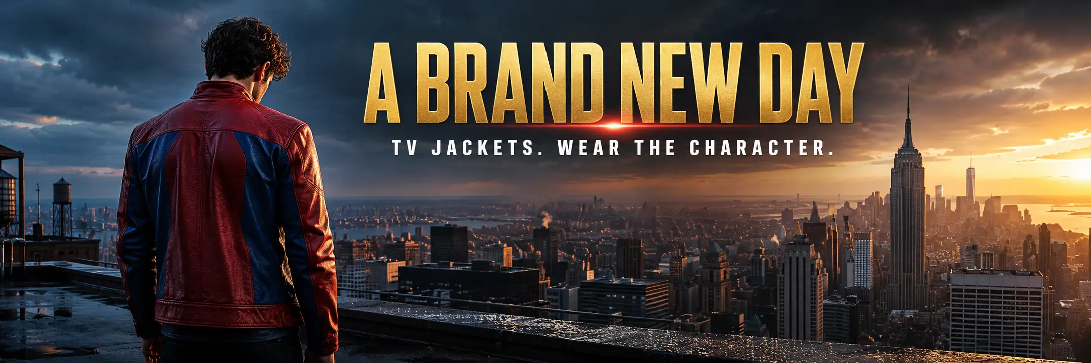 Spider-Man Brand New Day 2026 blog banner featuring a cinematic rooftop scene with a red and blue leather jacket overlooking New York