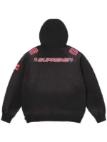 Back view of the black Supreme Football Jersey hoodie with red shoulder numbers and embroidered upper-back lettering.