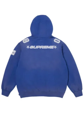 Back view of the blue Supreme Football Jersey hoodie with white shoulder numbers and embroidered star-accented lettering.