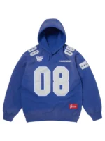 Front view of the blue Supreme Football Jersey hoodie with number 08 graphics, embroidered chest details, and sleeve patch.