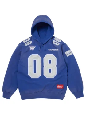 Front view of the blue Supreme Football Jersey hoodie with number 08 graphics, embroidered chest details, and sleeve patch.