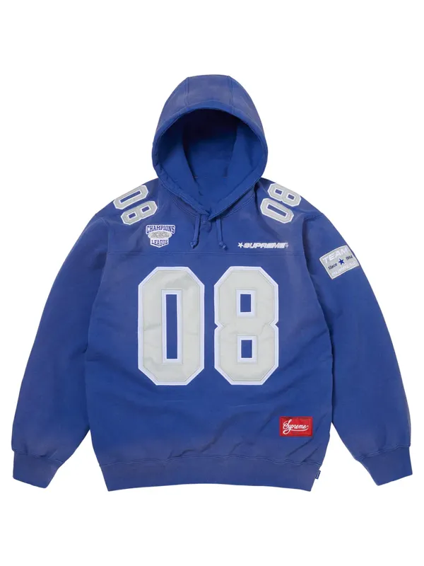 Supreme Football Jersey Blue Hooded Sweatshirt Front View Front view of the blue Supreme Football Jersey hoodie with number 08 graphics, embroidered chest details, and sleeve patch.