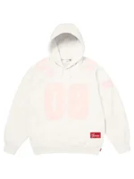 Front view of the white Supreme Football Jersey hoodie with pale pink number 08 graphics, chest details, and sleeve patch.