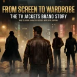 TV Jackets brand story banner showing leather jacket figure with character silhouettes on a foggy cinematic urban street at night
